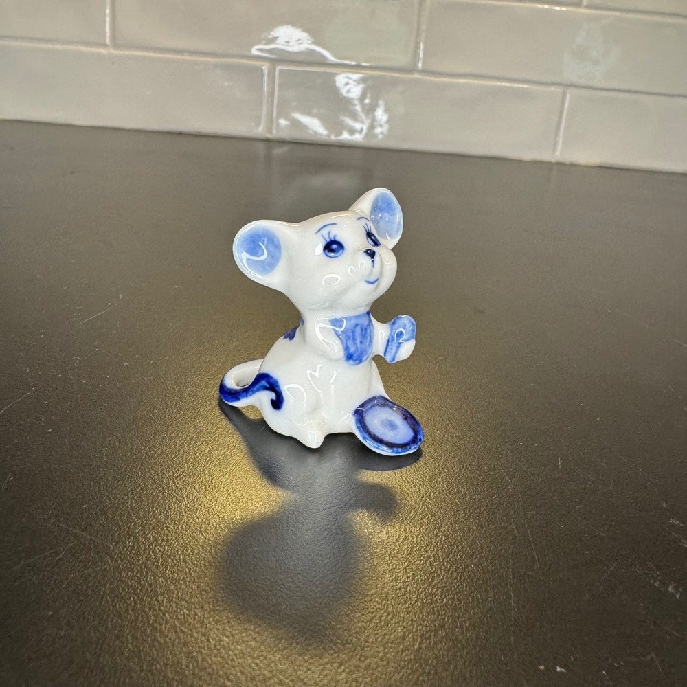 Porcelain Mouse Figurine Small White Blue Floral Hand Painted Gzhel Style